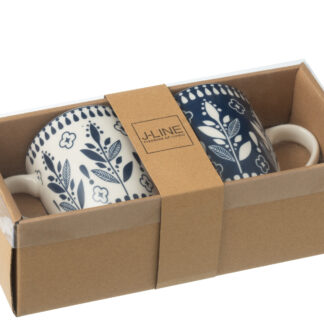 Doos 2 Mokken Bladeren Keramiek Donkerblauw